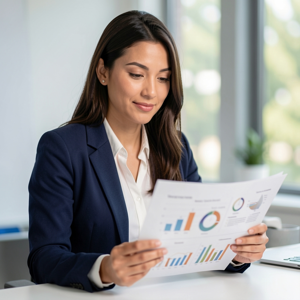 Professional headshot of a female nutritional data analyst reviewing printed research charts at a clean workspace under controlled studio lighting