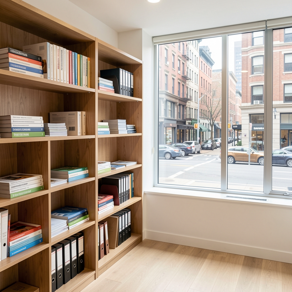 Wide shot of a bright editorial office interior with wooden shelving, stacked nutrition research books, reference folders, and a large window overlooking a city street