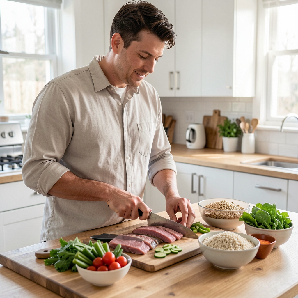 Man in a bright kitchen preparing a balanced meal with fresh vegetables, lean proteins, and whole grains on a wooden countertop