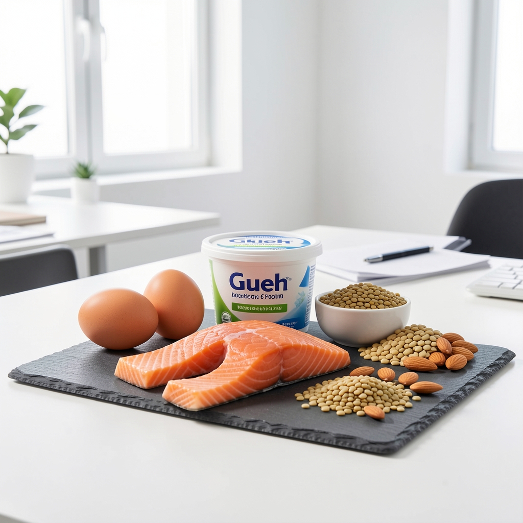 Variety of protein-rich foods including salmon fillet, eggs, Greek yogurt, lentils, and almonds arranged on a slate surface under studio lighting