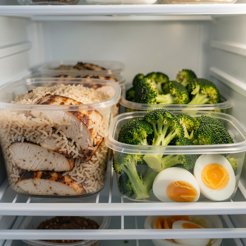 Close-up of whole food meal prep containers arranged in a refrigerator: brown rice, grilled chicken breast, roasted broccoli, and boiled eggs