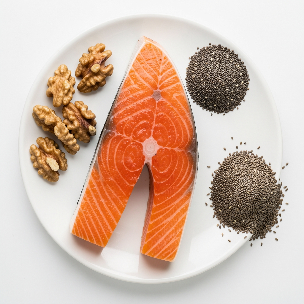 Overhead flat lay of omega-3 rich foods including wild salmon, walnuts, chia seeds, and flaxseed on a white ceramic surface under clean studio lighting