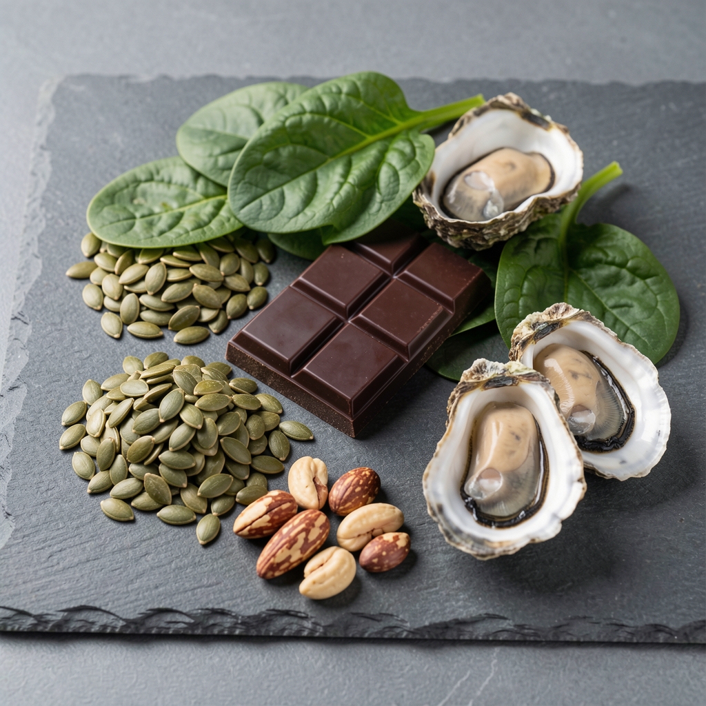 Array of micronutrient-rich foods including pumpkin seeds, dark chocolate, spinach, oysters, and Brazil nuts arranged on a gray slate surface under studio lighting