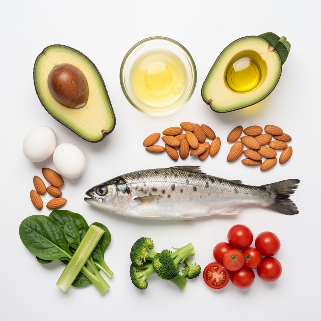 Ketogenic diet food selection including avocado, eggs, almonds, olive oil, fatty fish, and low-carb vegetables arranged flat lay on a white background